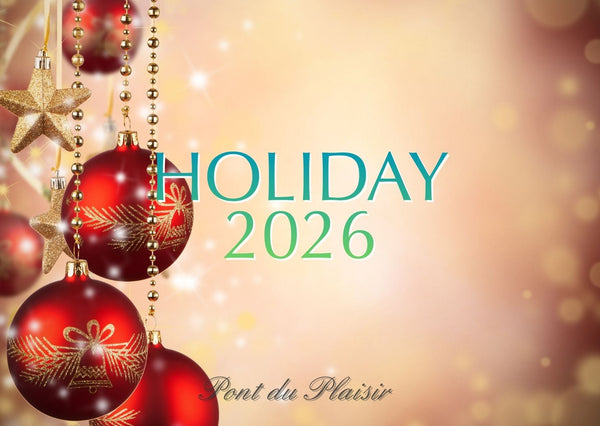 赤とゴールドのクリスマスオーナメントをあしらったHOLIDAY 2026のご案内