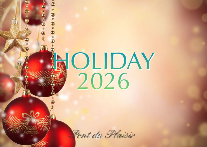 赤とゴールドのクリスマスオーナメントをあしらったHOLIDAY 2026のご案内